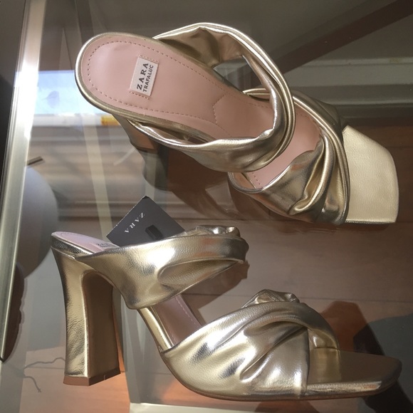 gold high heel mules